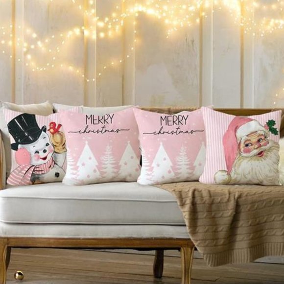 Christmas Pillow Covers Pink Santa Decoration Set Of 4 Accent Holiday Xmas Decor - Picture 4 of 16